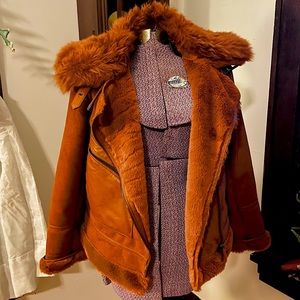 Suede-look & Faux Fur-lined Bomber Jacket in Rusty Orange sz UK 8 / US 4 sz S